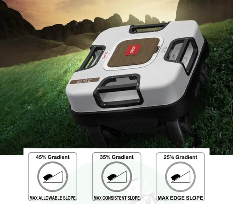 Robot lawn mower mowing on slope