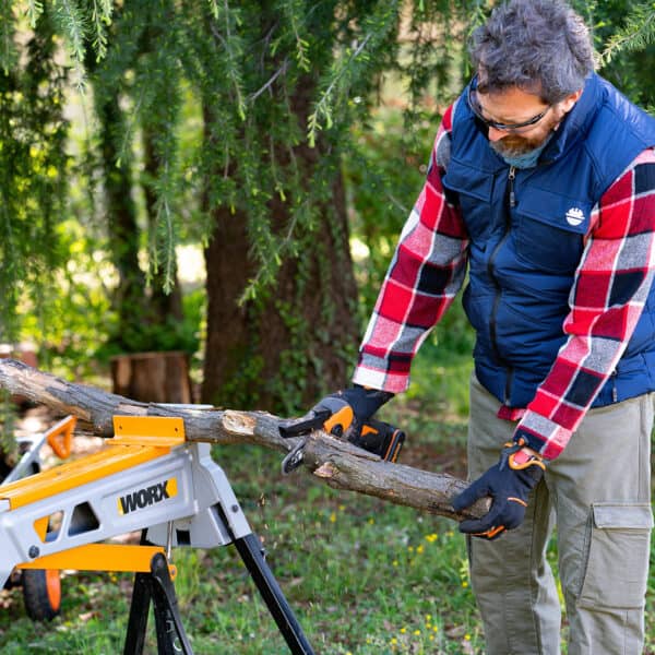 Worx one hand prunning chainsaw, cutting a tree branch