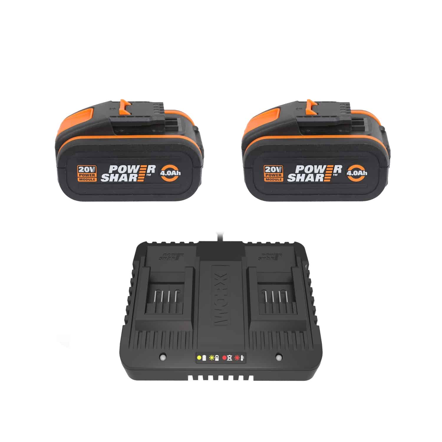 2x WORX 20V POWERSHARE™ 4.0Ah MAX Lithium-ion Batteries w/ 4A Dual Charger  – WA3553.B3 • Robot Lawn Mowers Australia